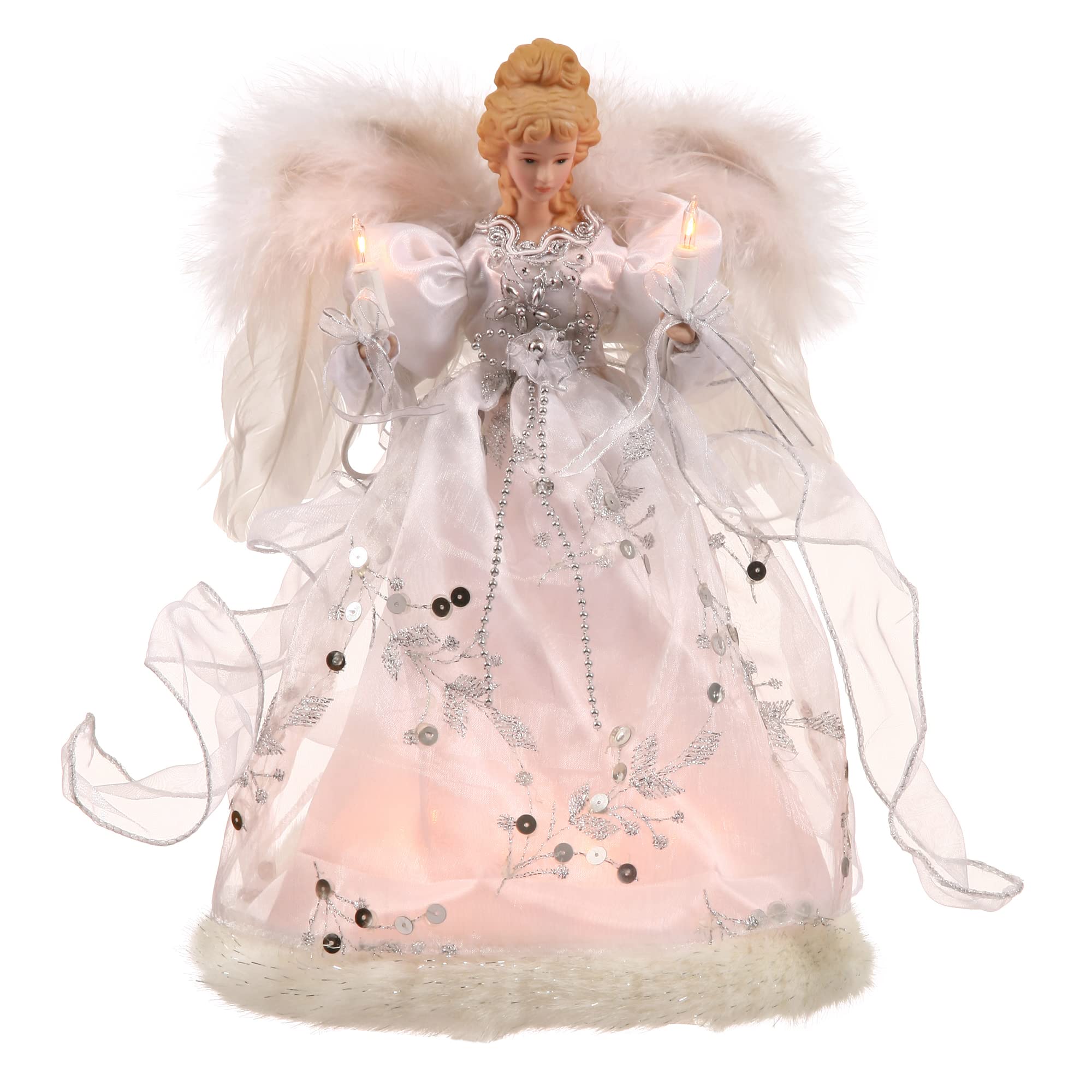 Vickerman angel tree topper front view showing feather wings and glow