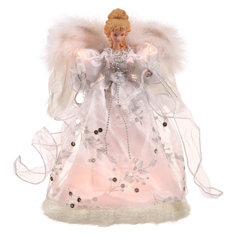 Vickerman angel tree topper front view showing feather wings and glow