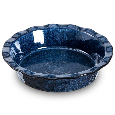 vicrays front view of starry blue pie pan showing fluted rim and glossy finish
