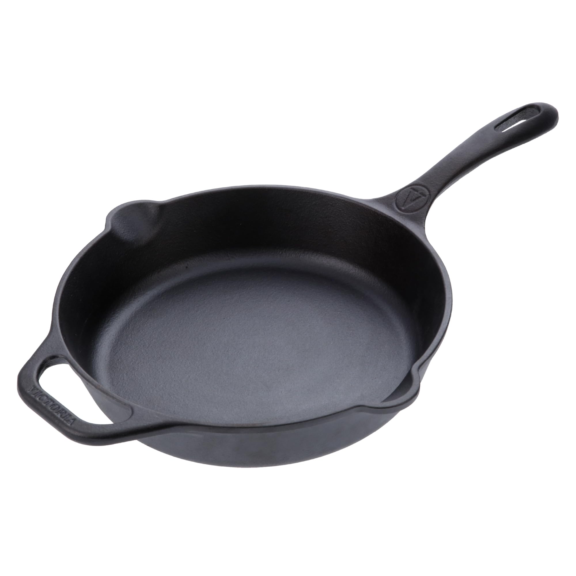 Victoria 10-inch skillet front view showing pre-seasoned finish and ready-to-use benefits