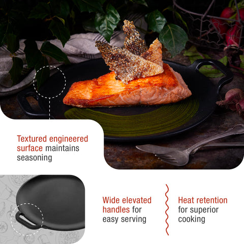 Victoria comal with pizza inside oven demonstrating high-heat crisping benefit