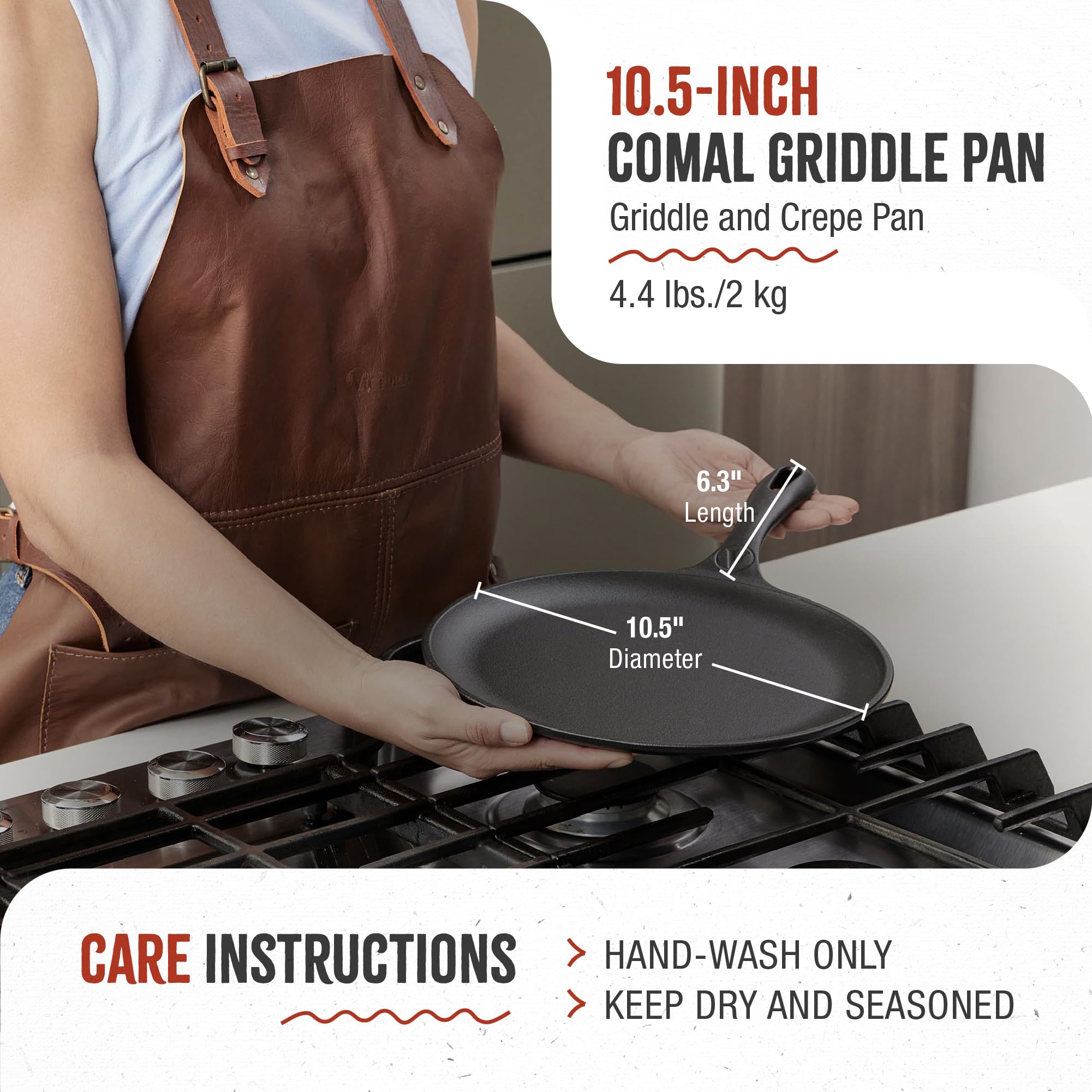 Victoria comal size comparison beside utensils to show 10.5-inch scale