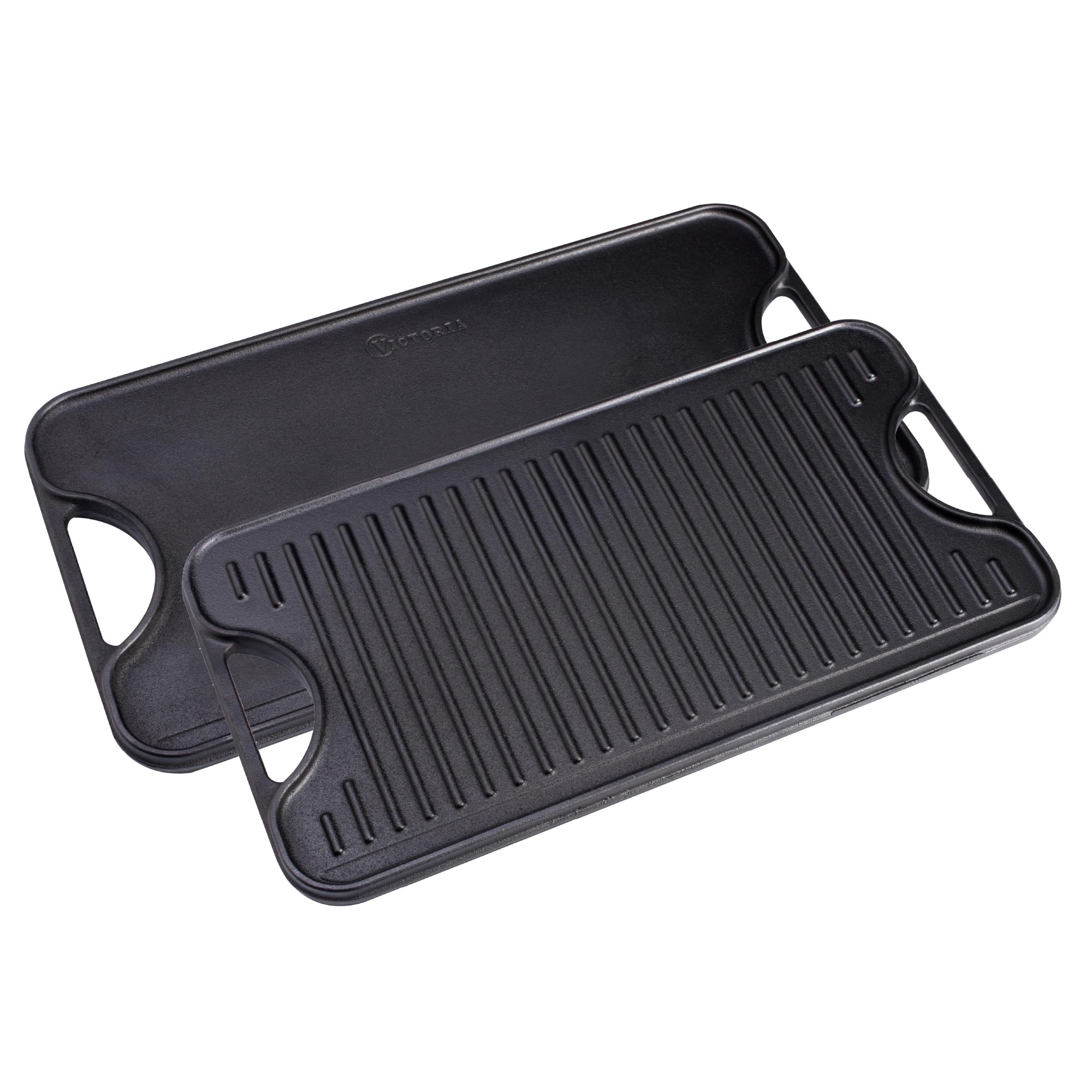 Victoria griddle front view showing full rectangular cooking surface and packaging, durable design benefit