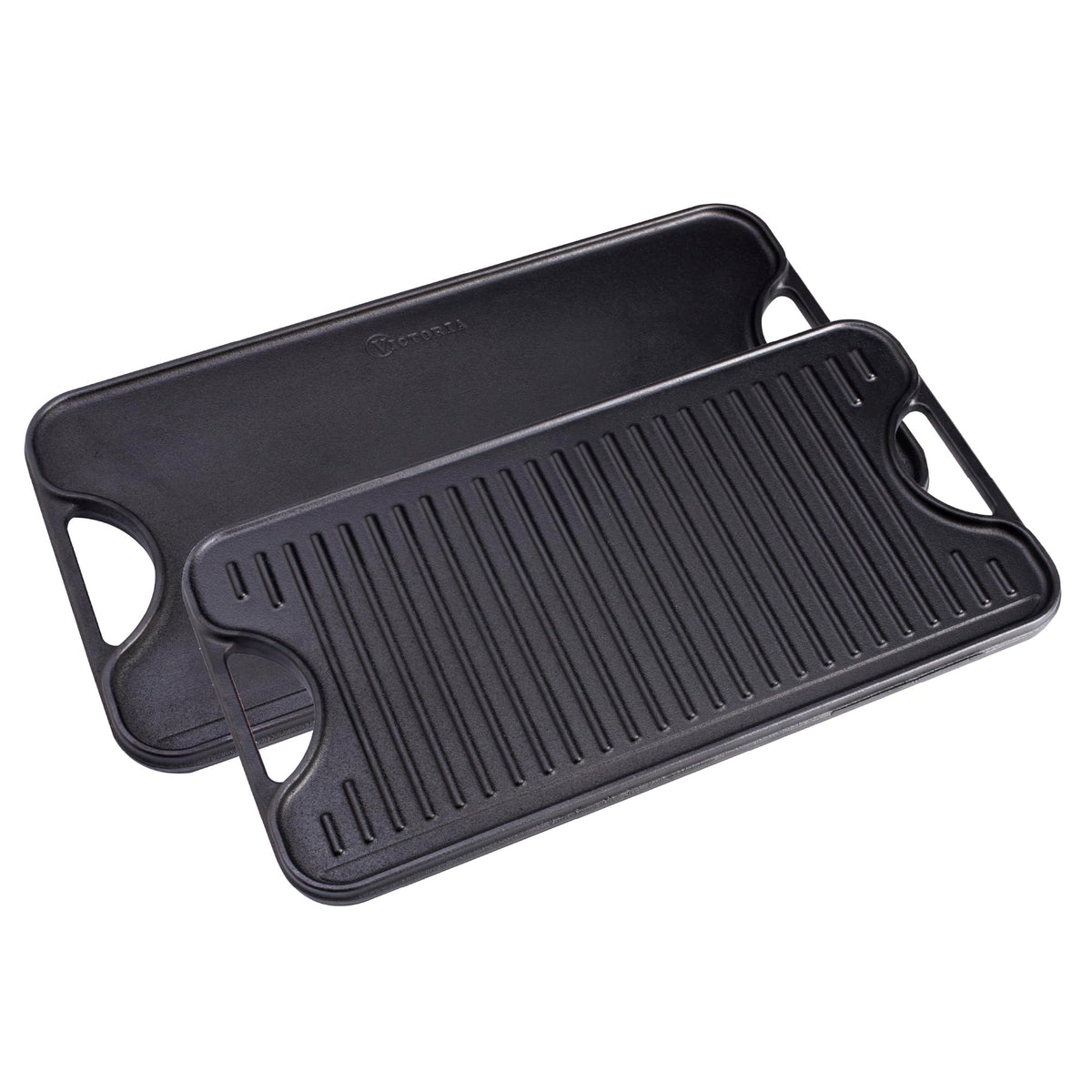 Victoria griddle front view showing full rectangular cooking surface and packaging, durable design benefit