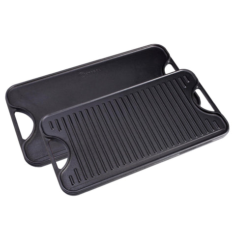 Victoria griddle front view showing full rectangular cooking surface and packaging, durable design benefit
