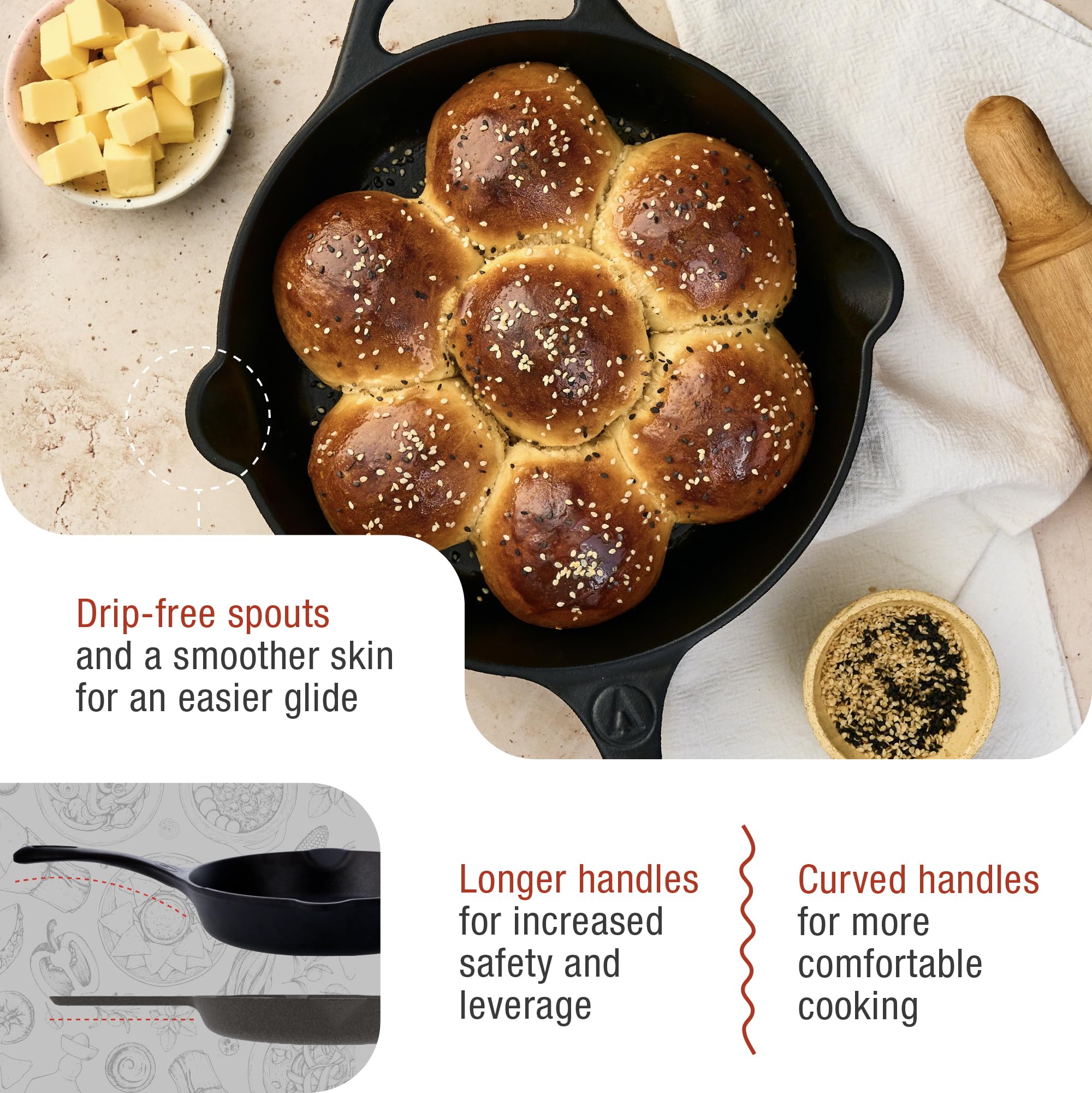 Victoria skillet searing steak on stovetop demonstrating even heat distribution