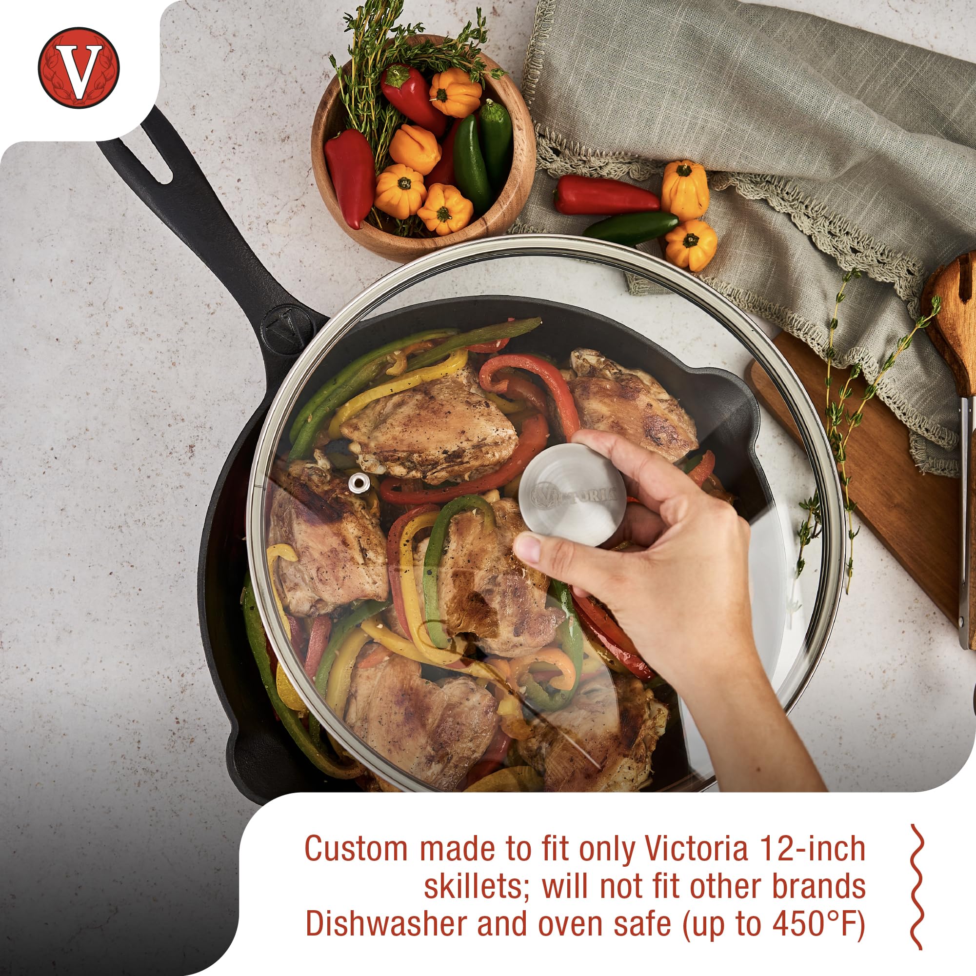 Victoria side profile of lid fitted on skillet demonstrating snug fit