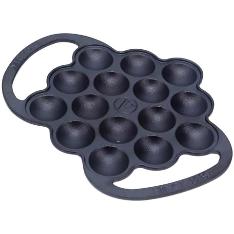 Victoria poffertjes pan front view showing sturdy cast iron and loop handles for easy transfer