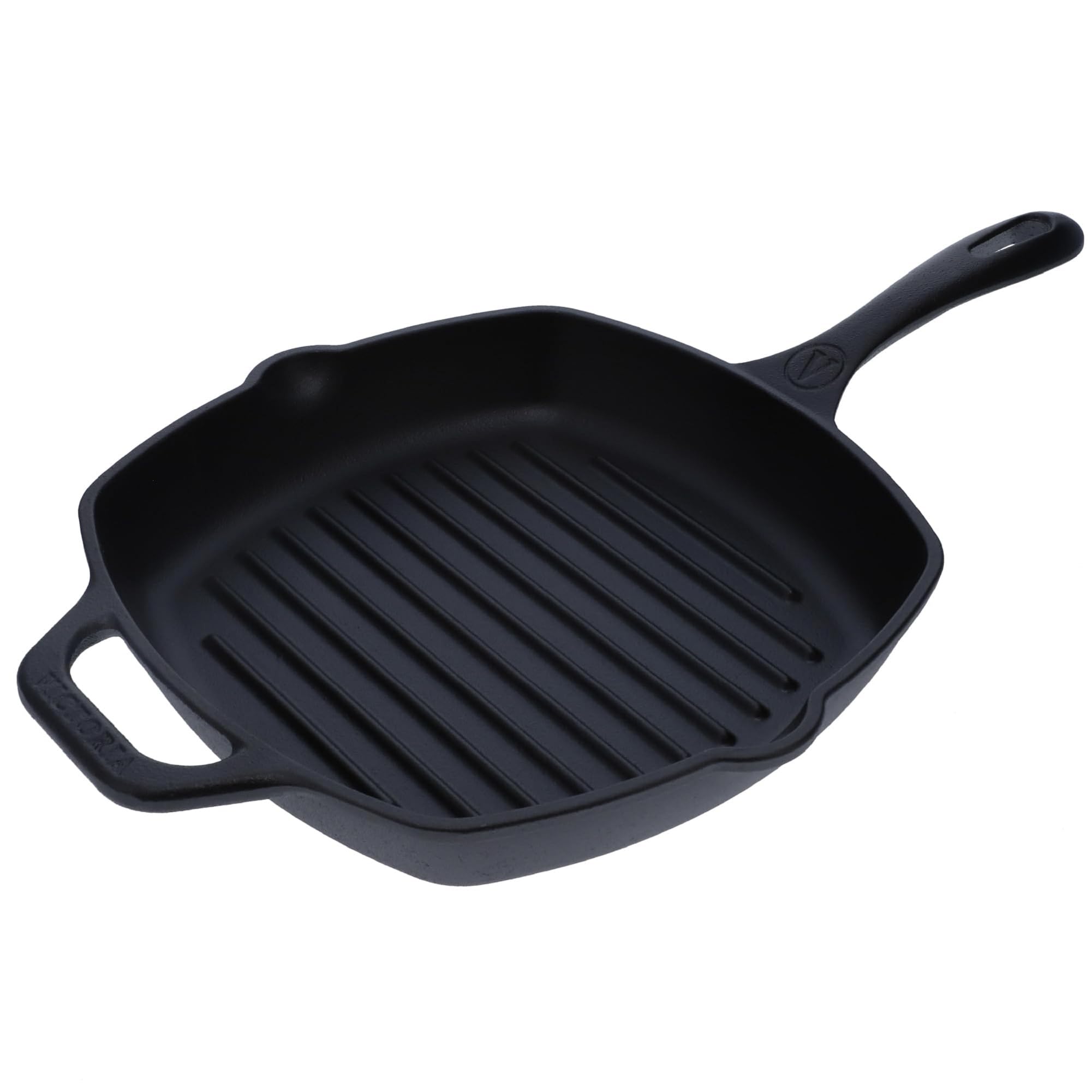 Victoria front view of 10-inch square cast iron grill pan showing durable finish and seasoning benefit