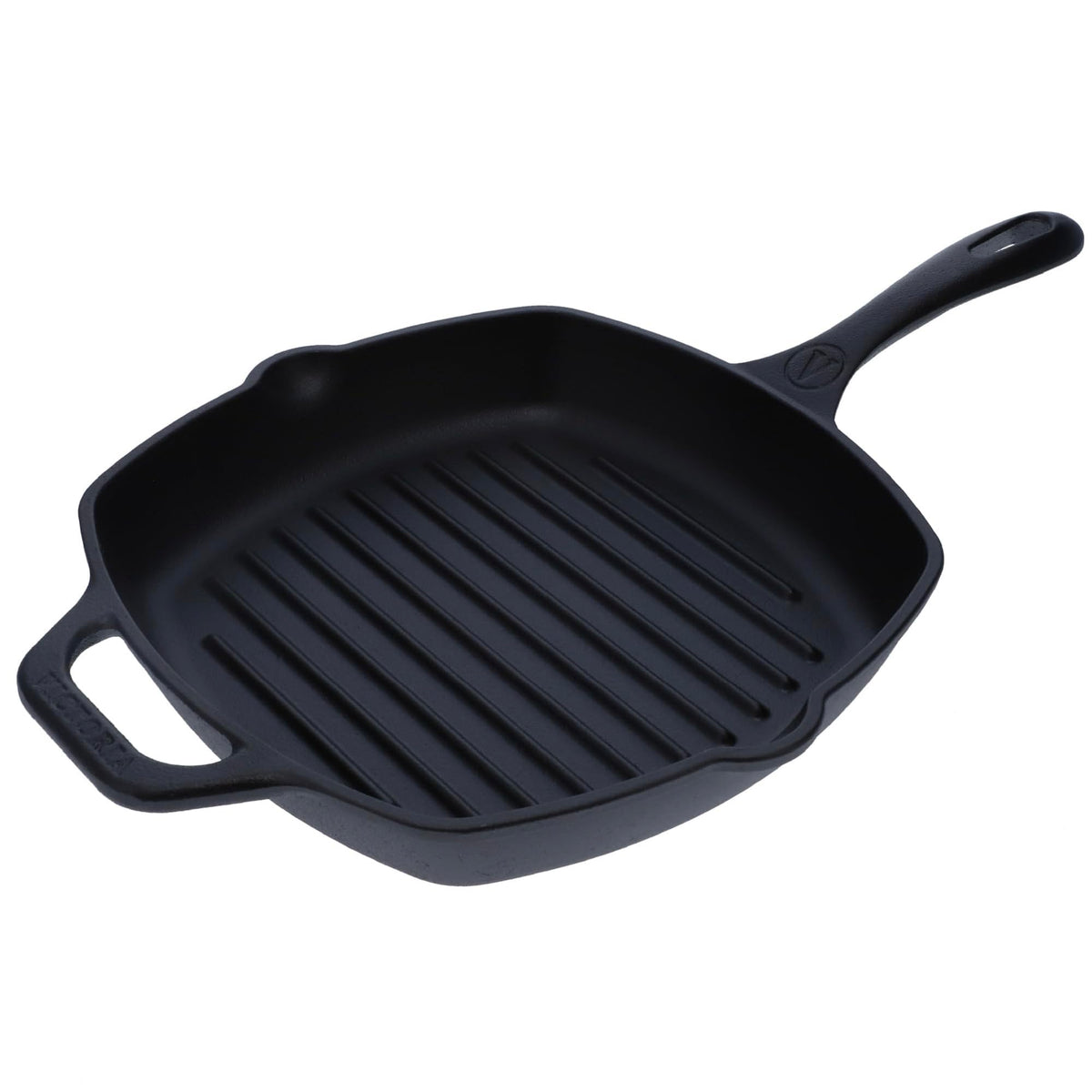 Victoria front view of 10-inch square cast iron grill pan showing durable finish and seasoning benefit
