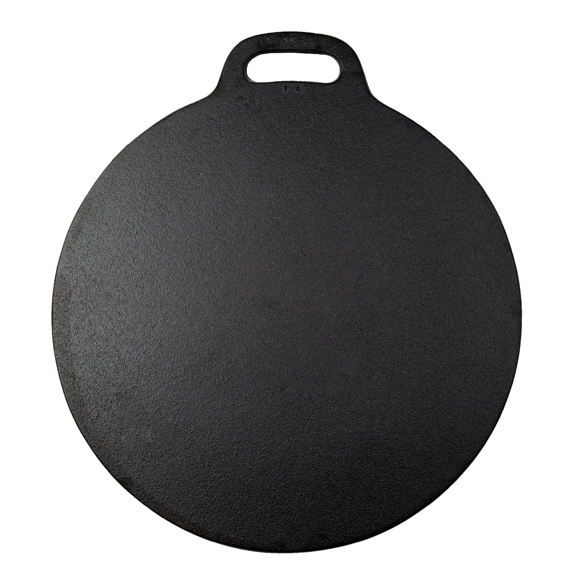 Victoria tawa front view showing flat seasoned cooking surface and logo, offers durable performance
