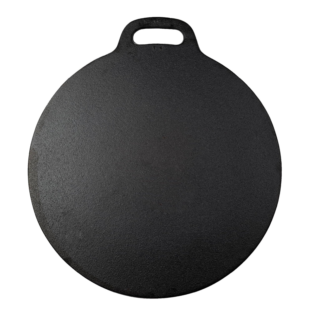 Victoria tawa front view showing flat seasoned cooking surface and logo, offers durable performance