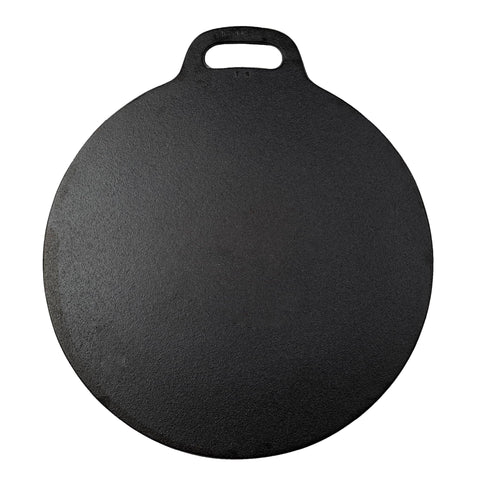 Victoria tawa front view showing flat seasoned cooking surface and logo, offers durable performance