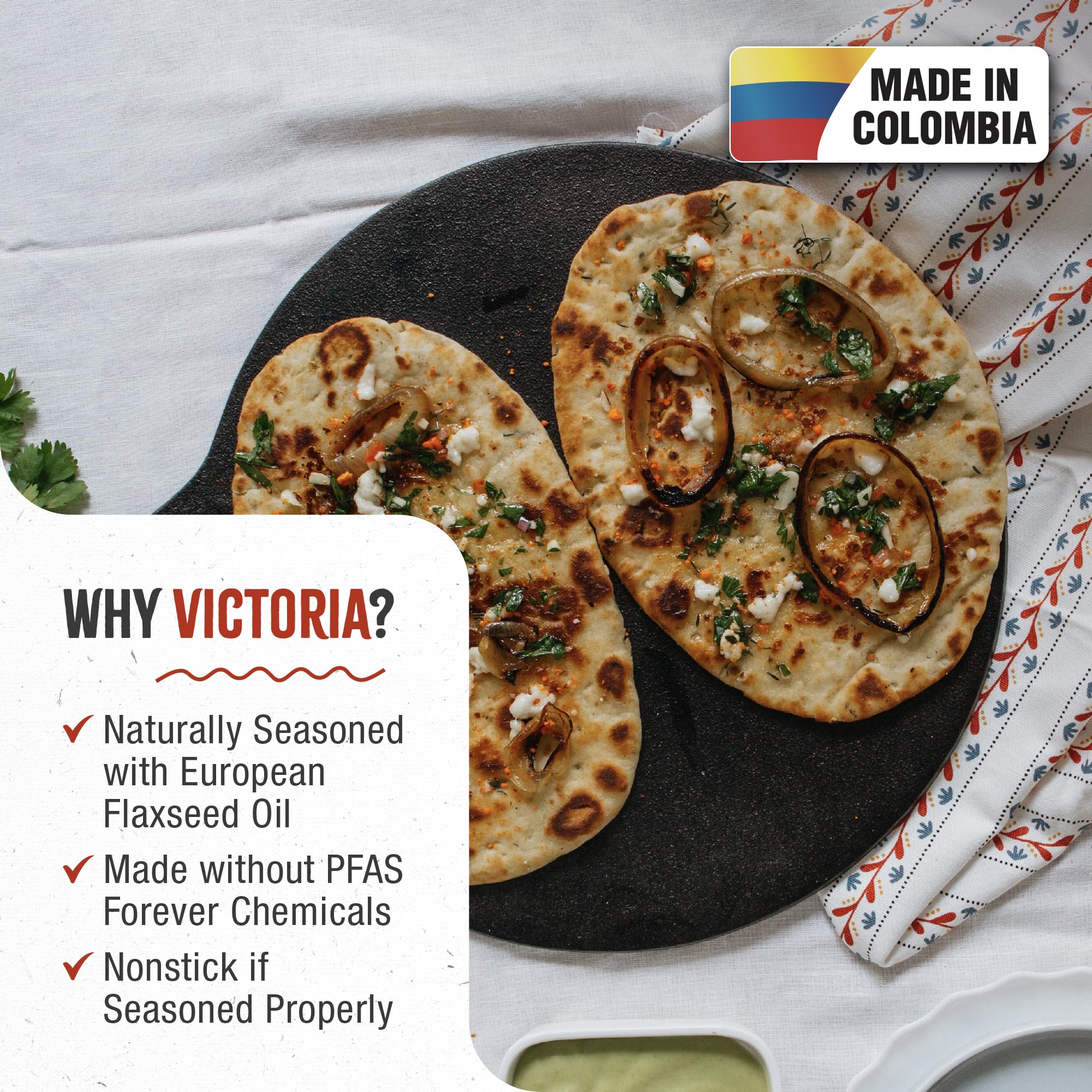 Victoria tawa close-up of preseasoned iron texture, demonstrates smooth seasoning and even heat