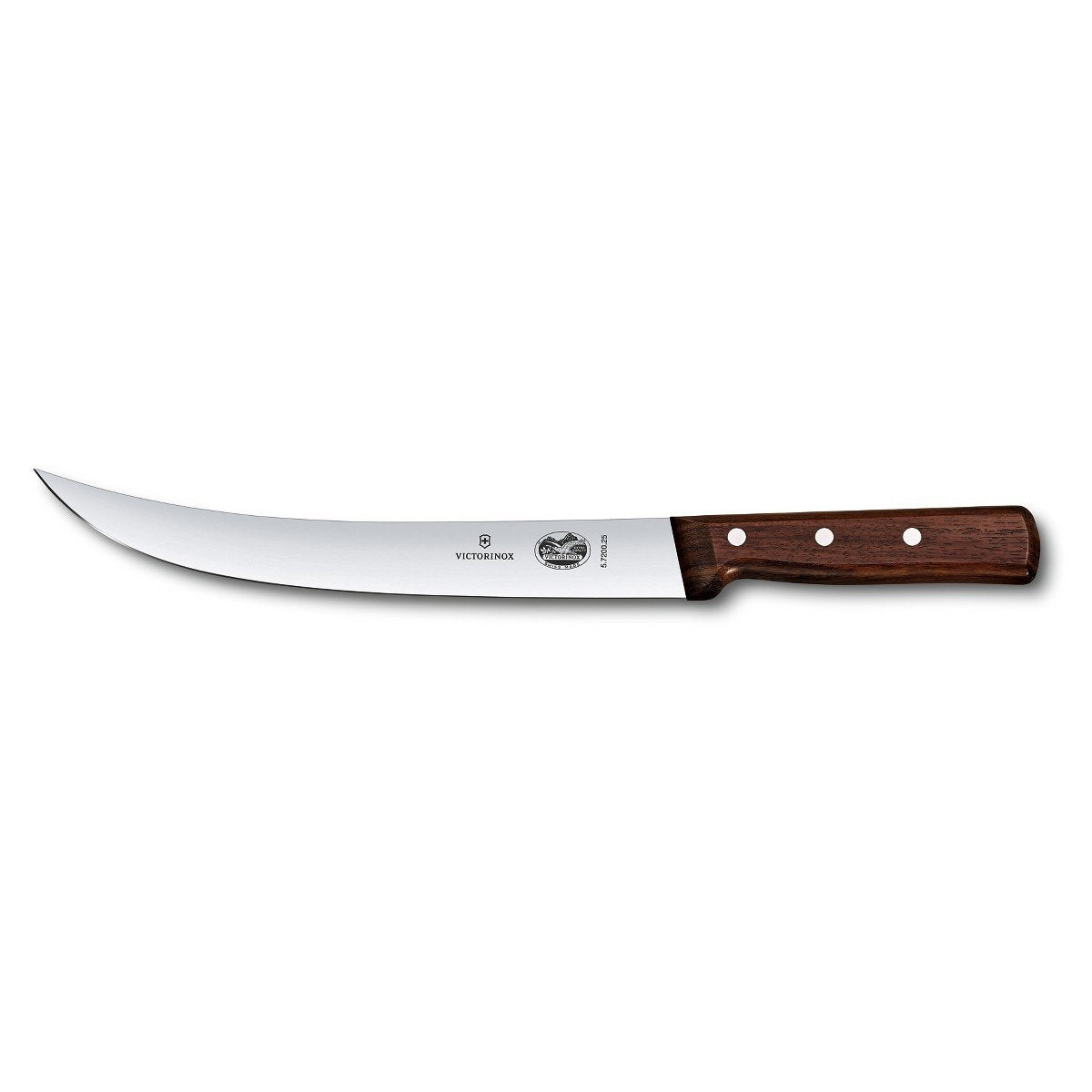 Victorinox curved breaking knife front view showing blade and rosewood handle for reliable slicing