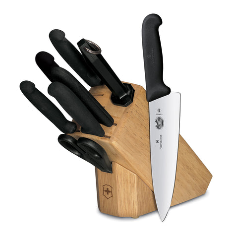 Victorinox front view of 8-piece block set showing organized knives and space-saving benefit