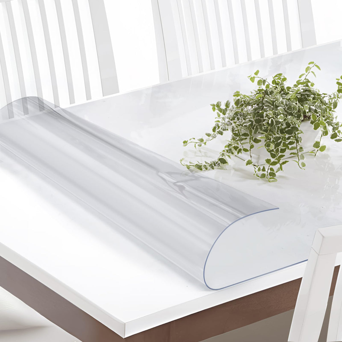 Vicwe front view showing clear table cover protecting wood surface