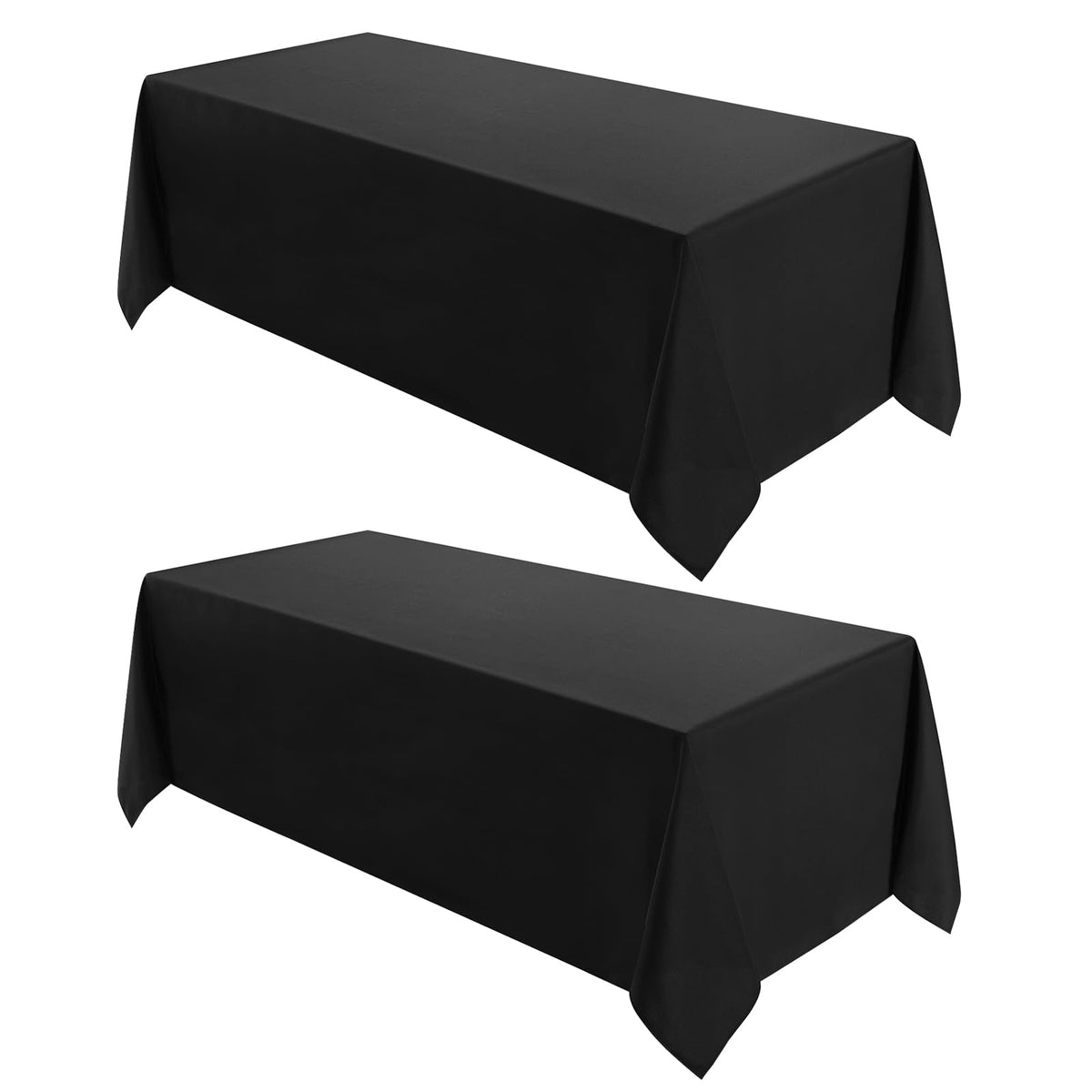 VidaFete front view of two black tablecloths showing packaging and size benefits