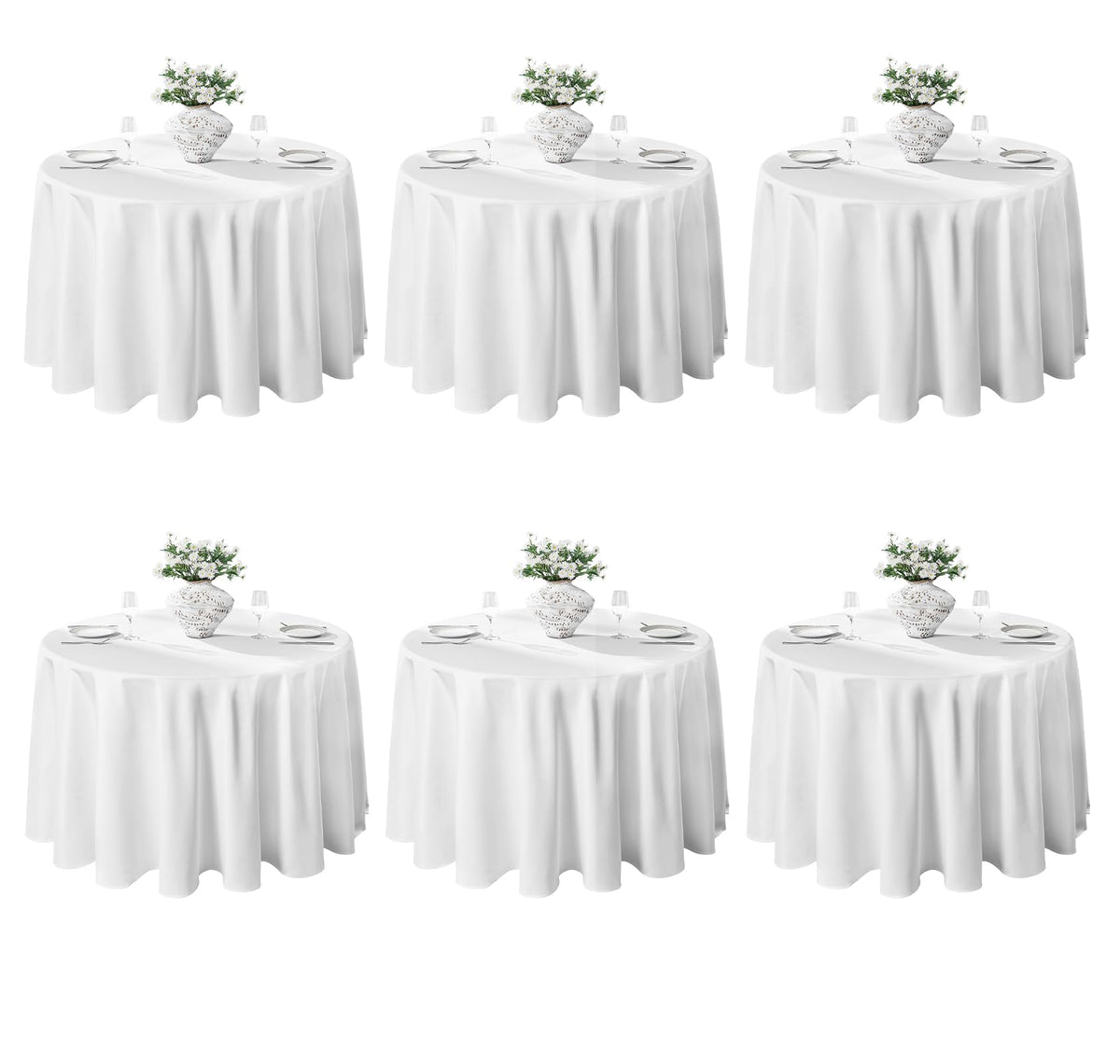 VidaFete front packaging showing six white 120-inch tablecloths and easy selection benefit