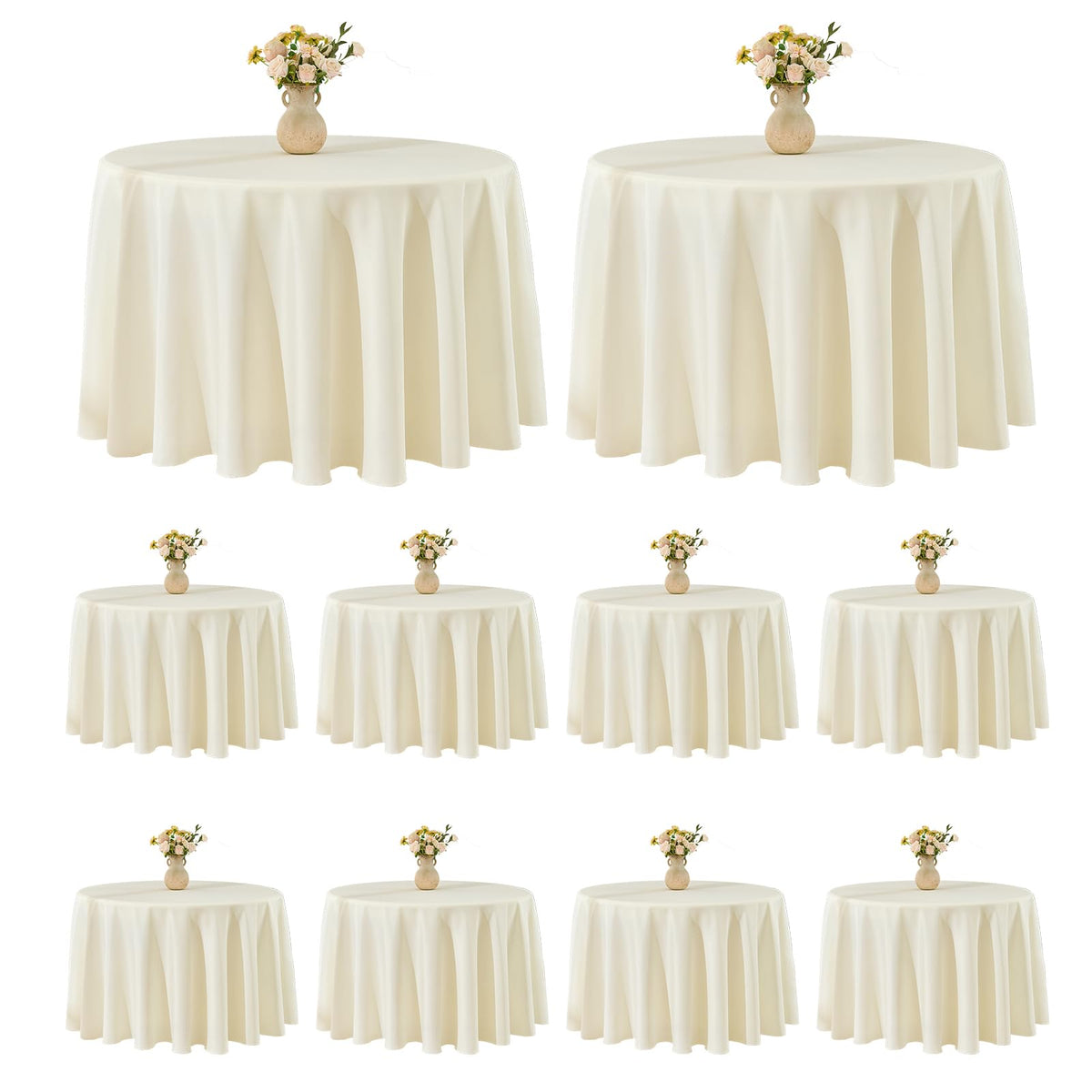VidaFete ivory 120-inch round tablecloth front view shows full drape and elegant cover