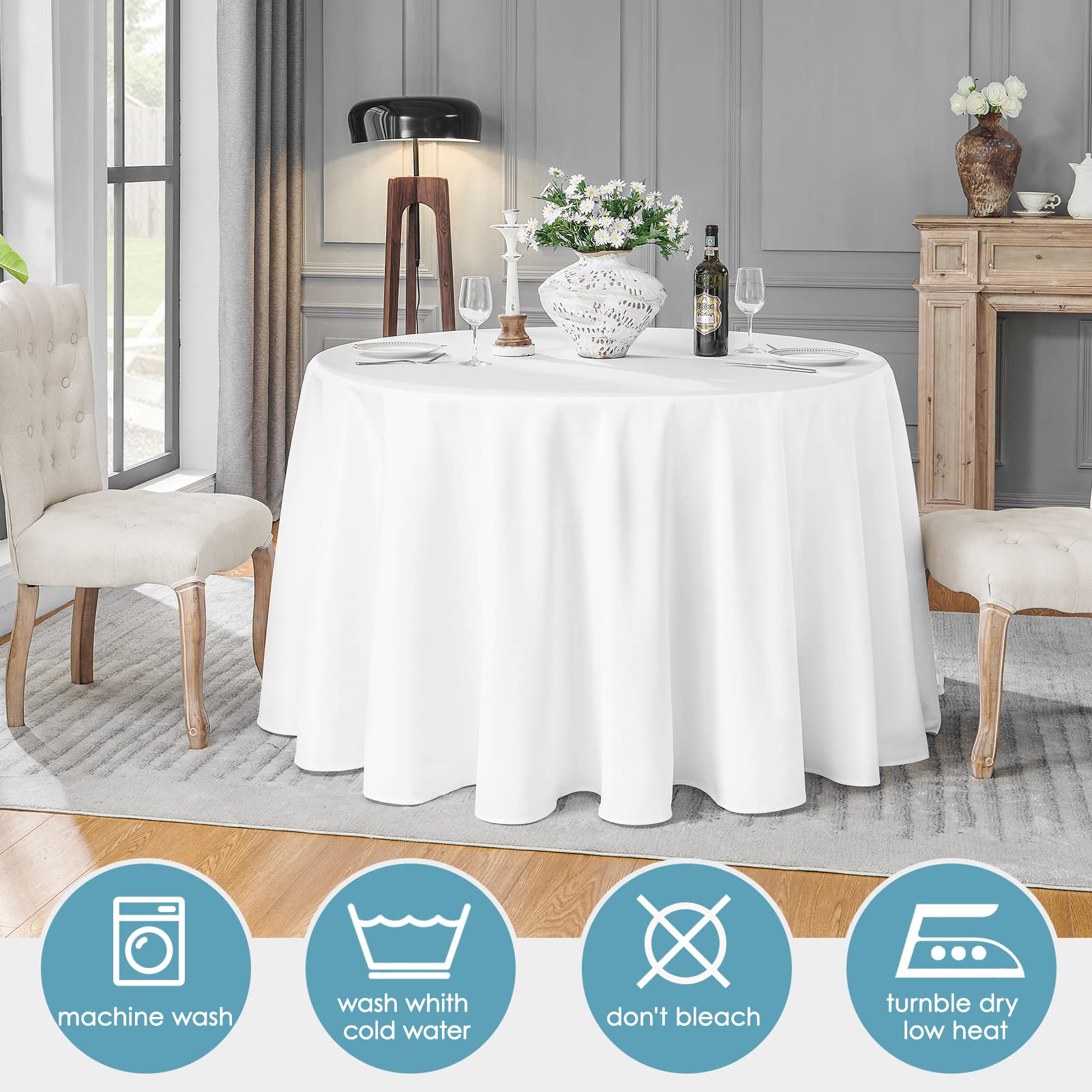 VidaFete cloth on round dining table showing scale for 48–72 inch table compatibility