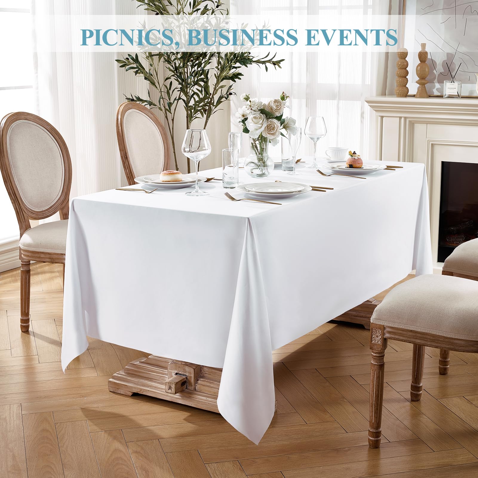 VidaFete tablecloth with dinnerware showing fit and scale for tables