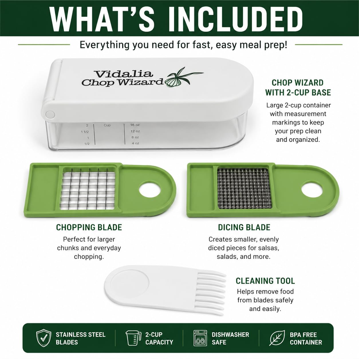 VIDALIA CHOP WIZARD cleaning tool detail demonstrating safe removal of trapped pieces