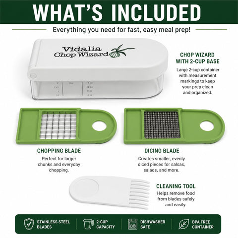 VIDALIA CHOP WIZARD cleaning tool detail demonstrating safe removal of trapped pieces