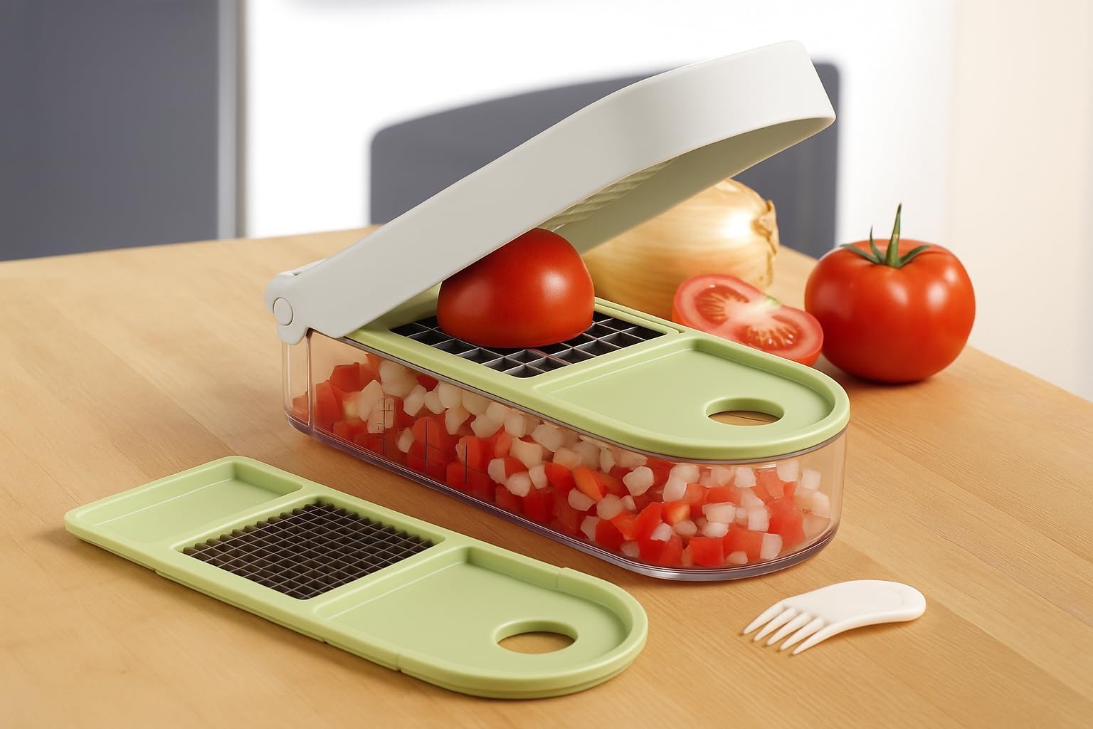 VIDALIA CHOP WIZARD collection container with measurement marks for portion control