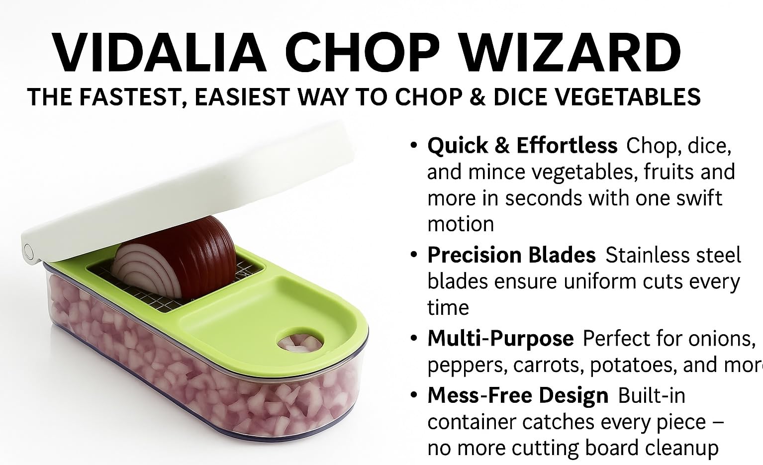 VIDALIA CHOP WIZARD interchangeable blades displayed to show coarse and fine cutting options