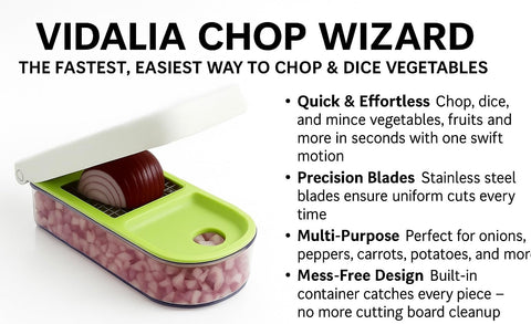 VIDALIA CHOP WIZARD interchangeable blades displayed to show coarse and fine cutting options