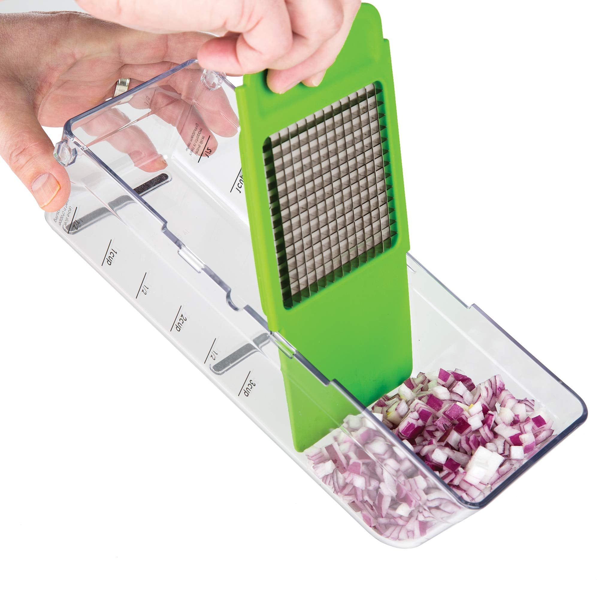 VIDALIA CHOP WIZARD in use chopping an onion to save time during meal prep