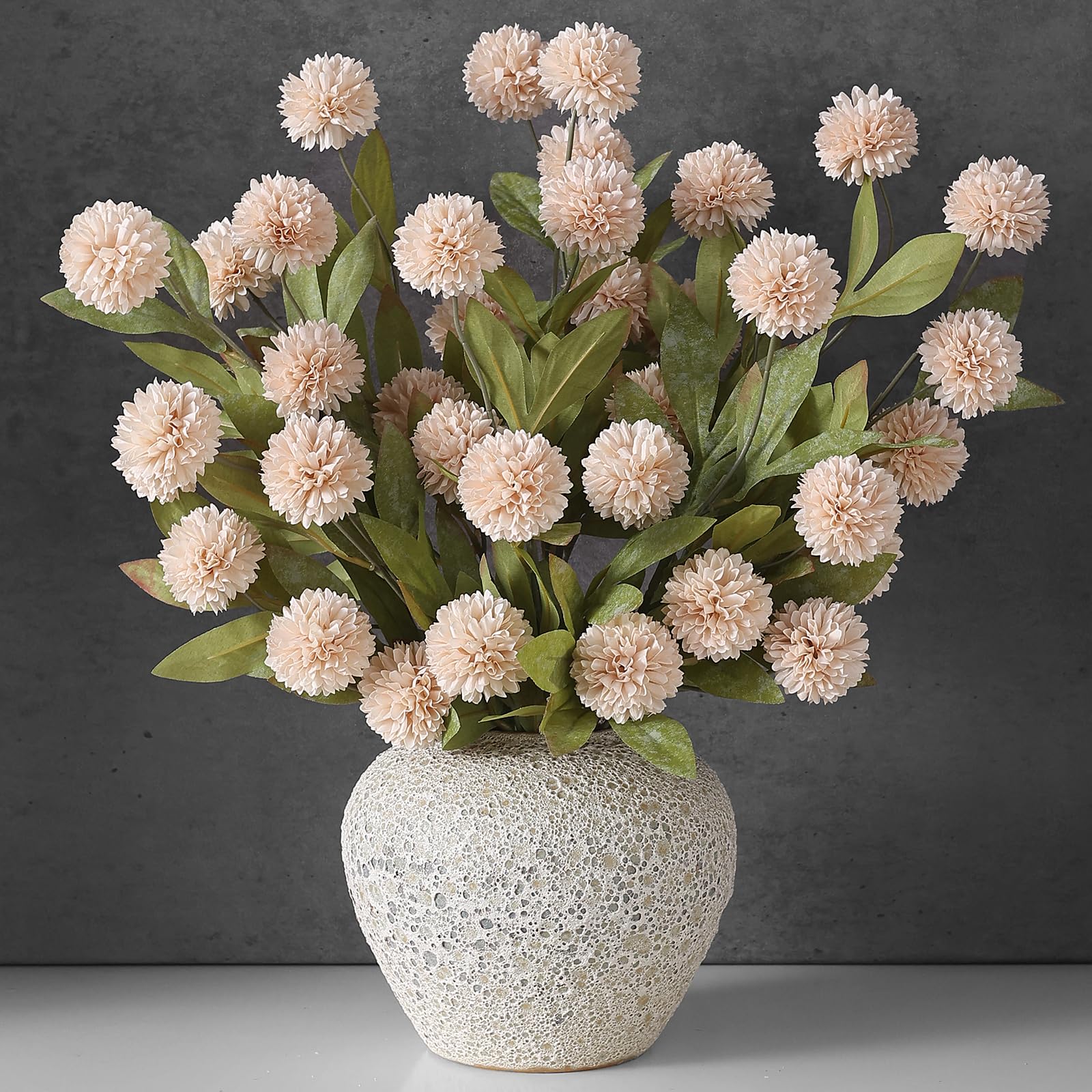 VIERENA front view of six beige pompon mum stems showing full bouquet impact