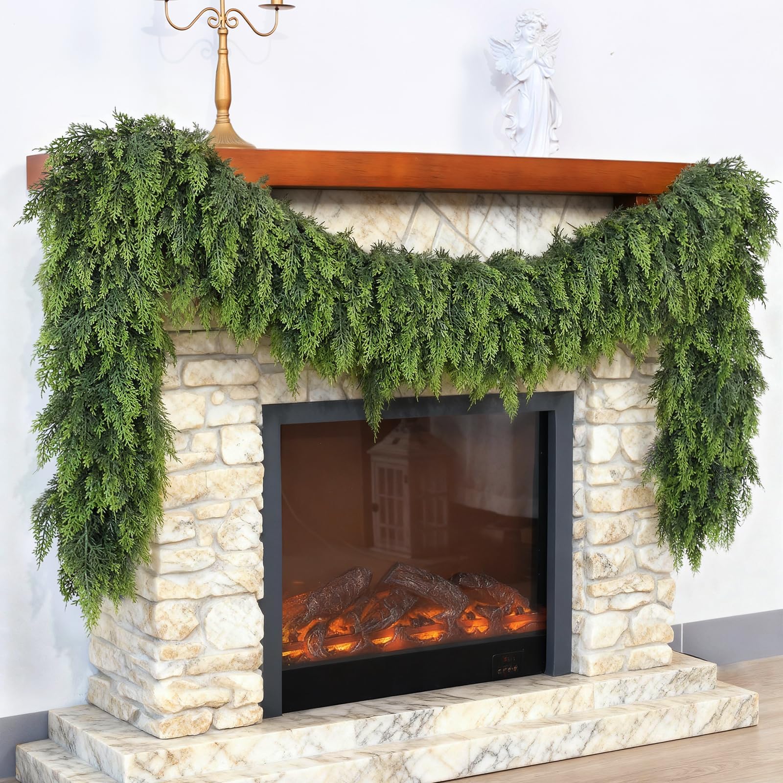 VIERENA full mantel display showing lush 9ft garland enhancing decor