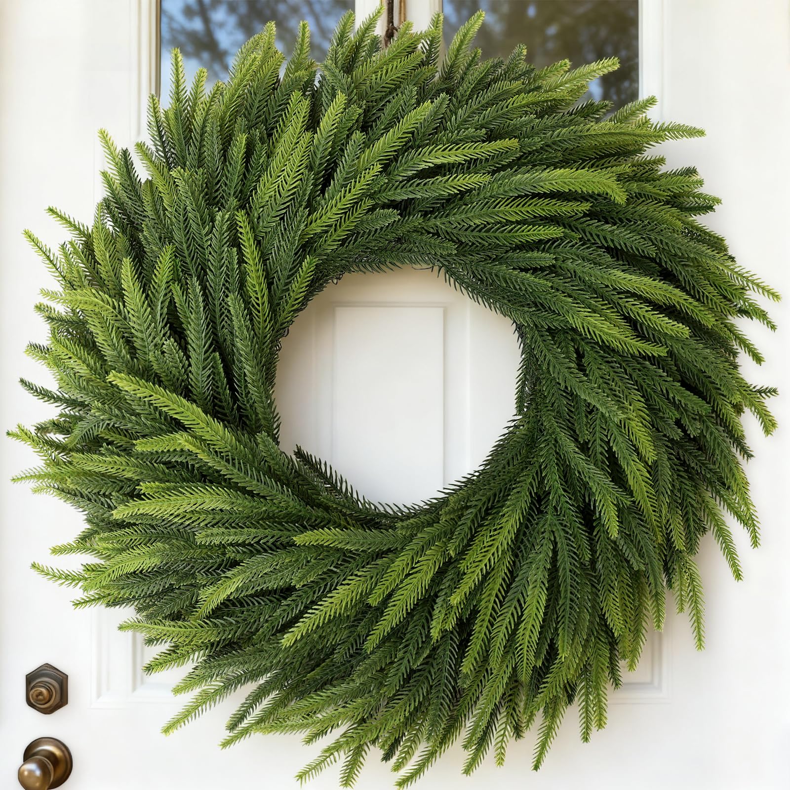 VIERENA front door wreath showing full lifelike Norfolk pine and curb appeal