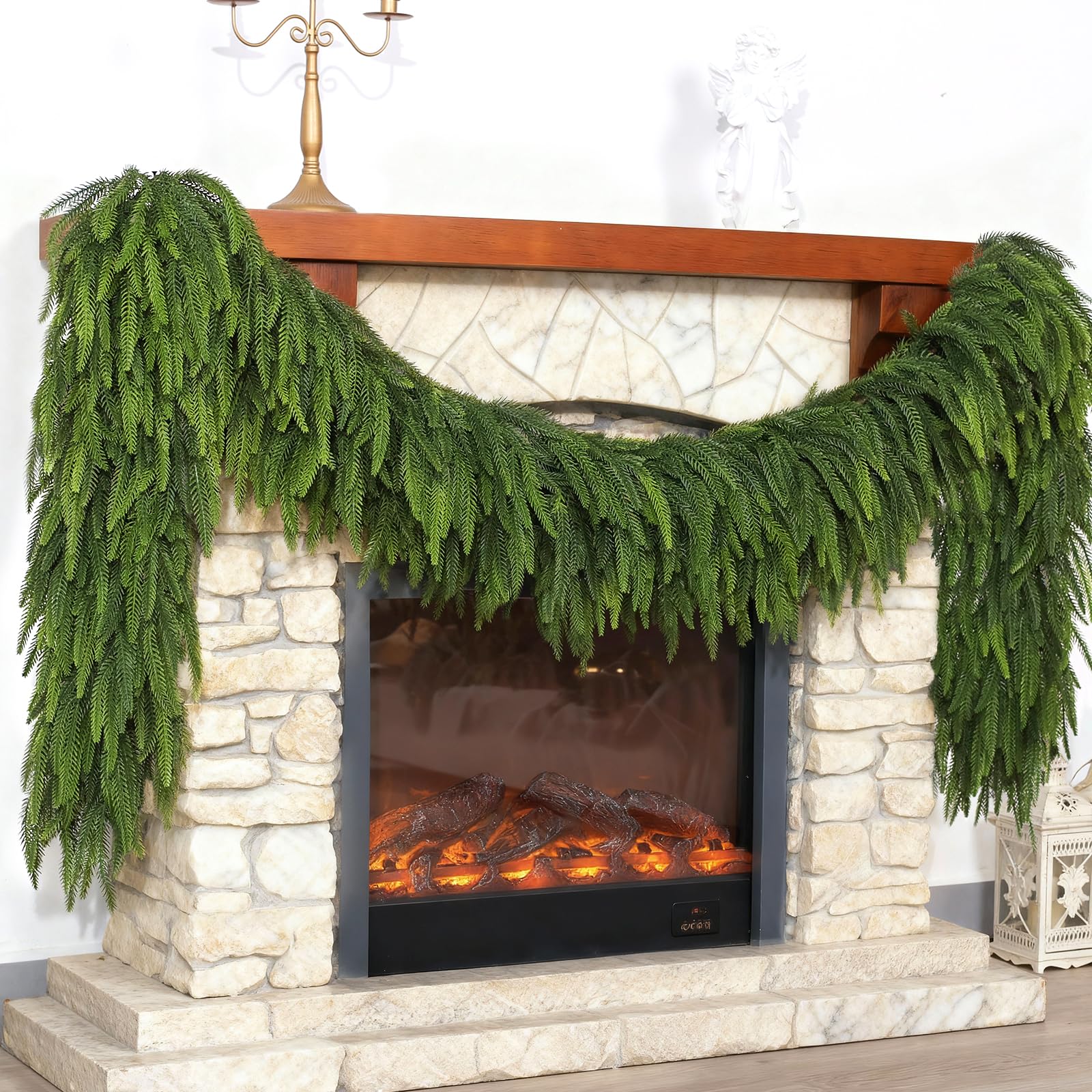 VIERENA front view of 9ft Norfolk pine garland highlighting full coverage benefit