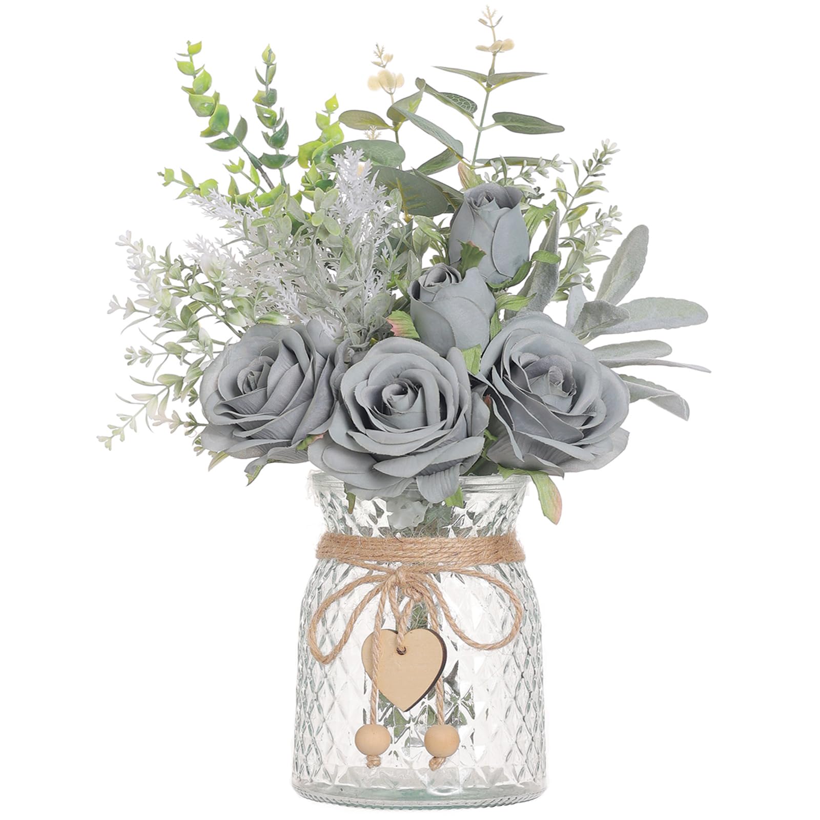 VIERENA front view grey-blue silk roses in glass vase, adds lasting tabletop charm