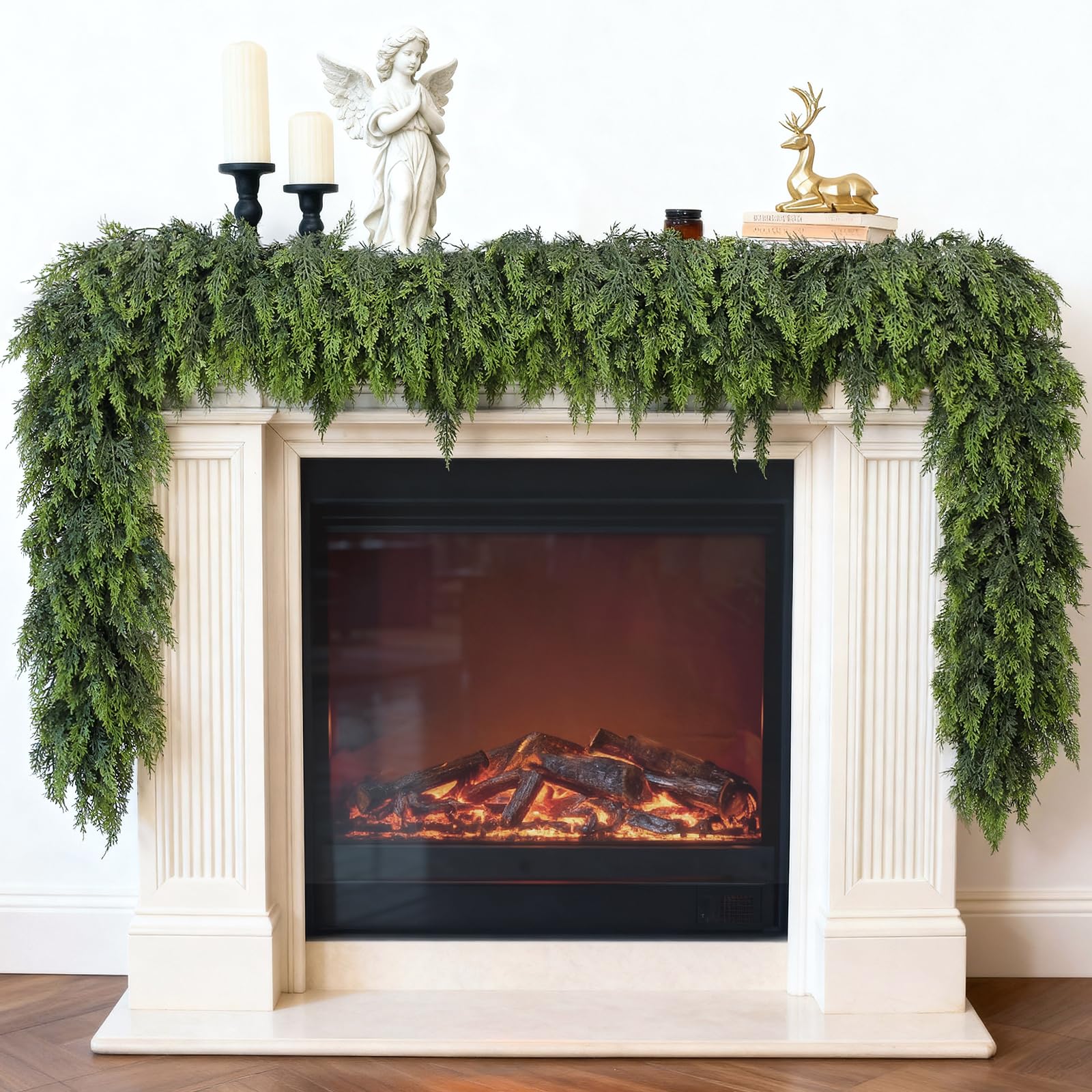 VIERENA cedar garland front view showing full dense greenery and instant mantel upgrade