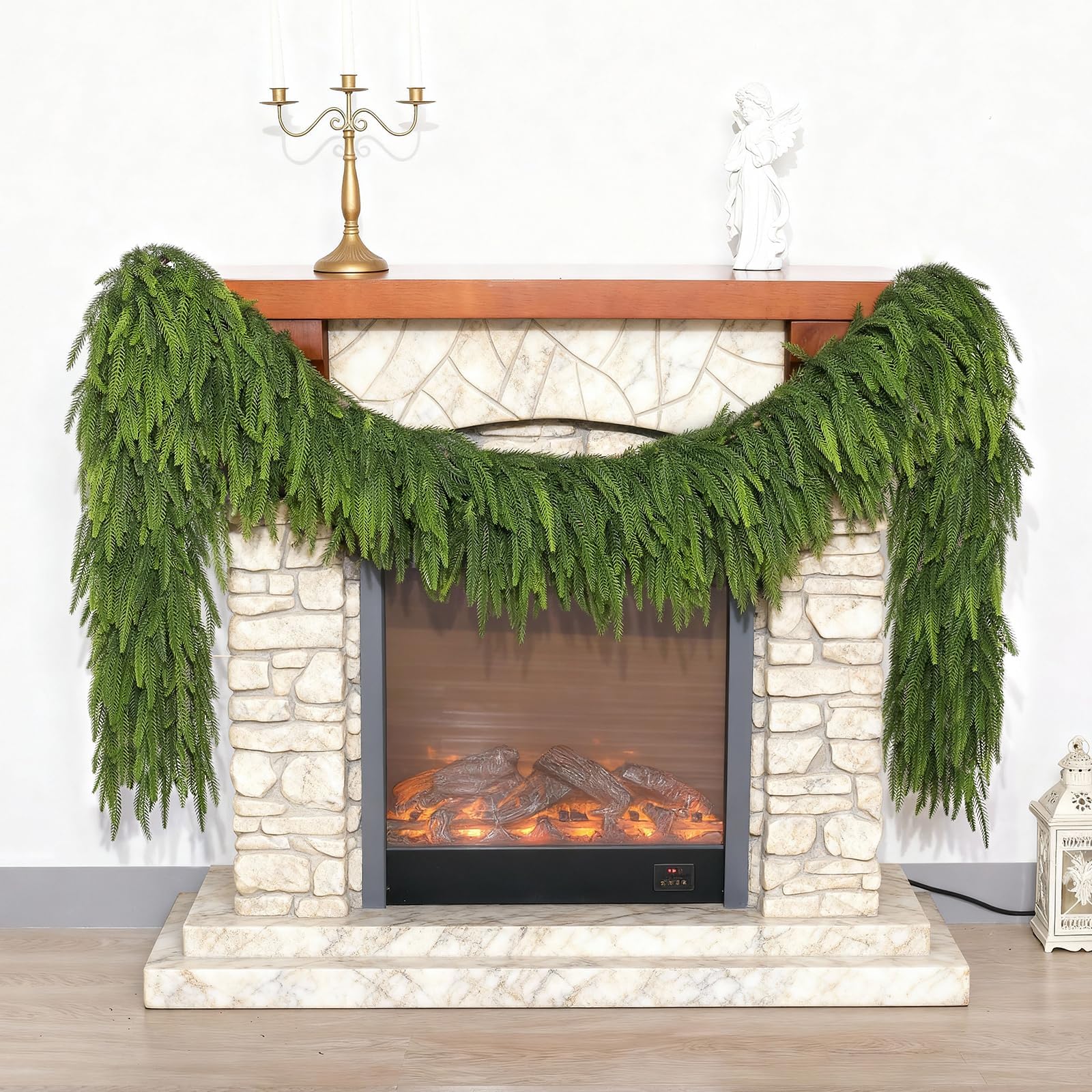 VIERENA garland styled on fireplace mantel creating festive, low-maintenance decor