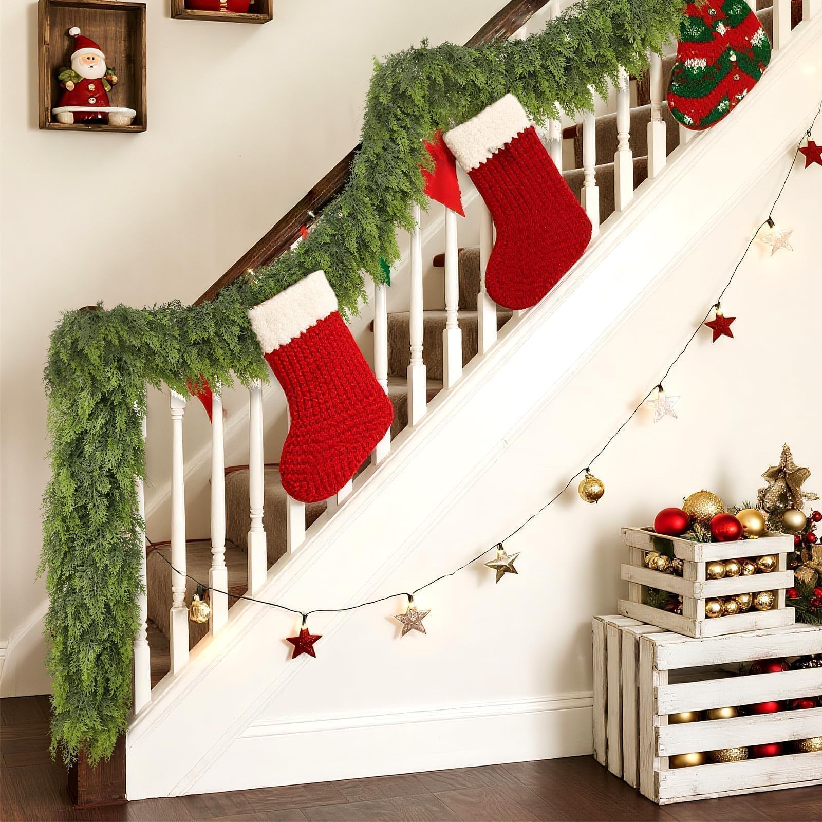VIERENA garland draped along staircase railing offering easy seasonal transform