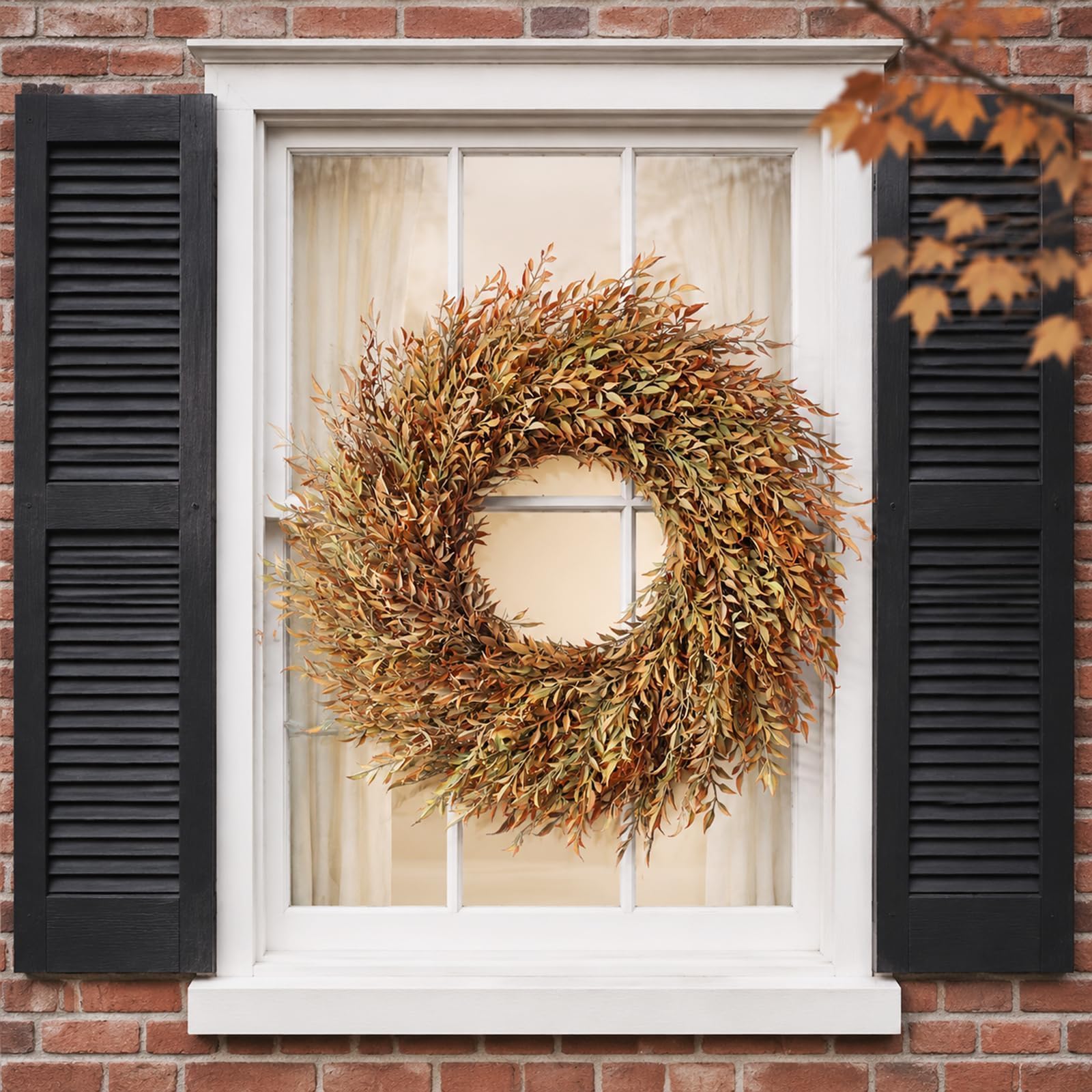 VIERENA wreath displayed on mantel creating cozy autumn ambiance