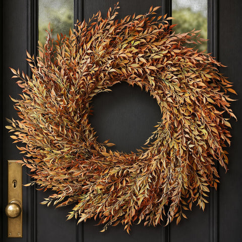 VIERENA wreath on a covered porch displaying weather-resistant use