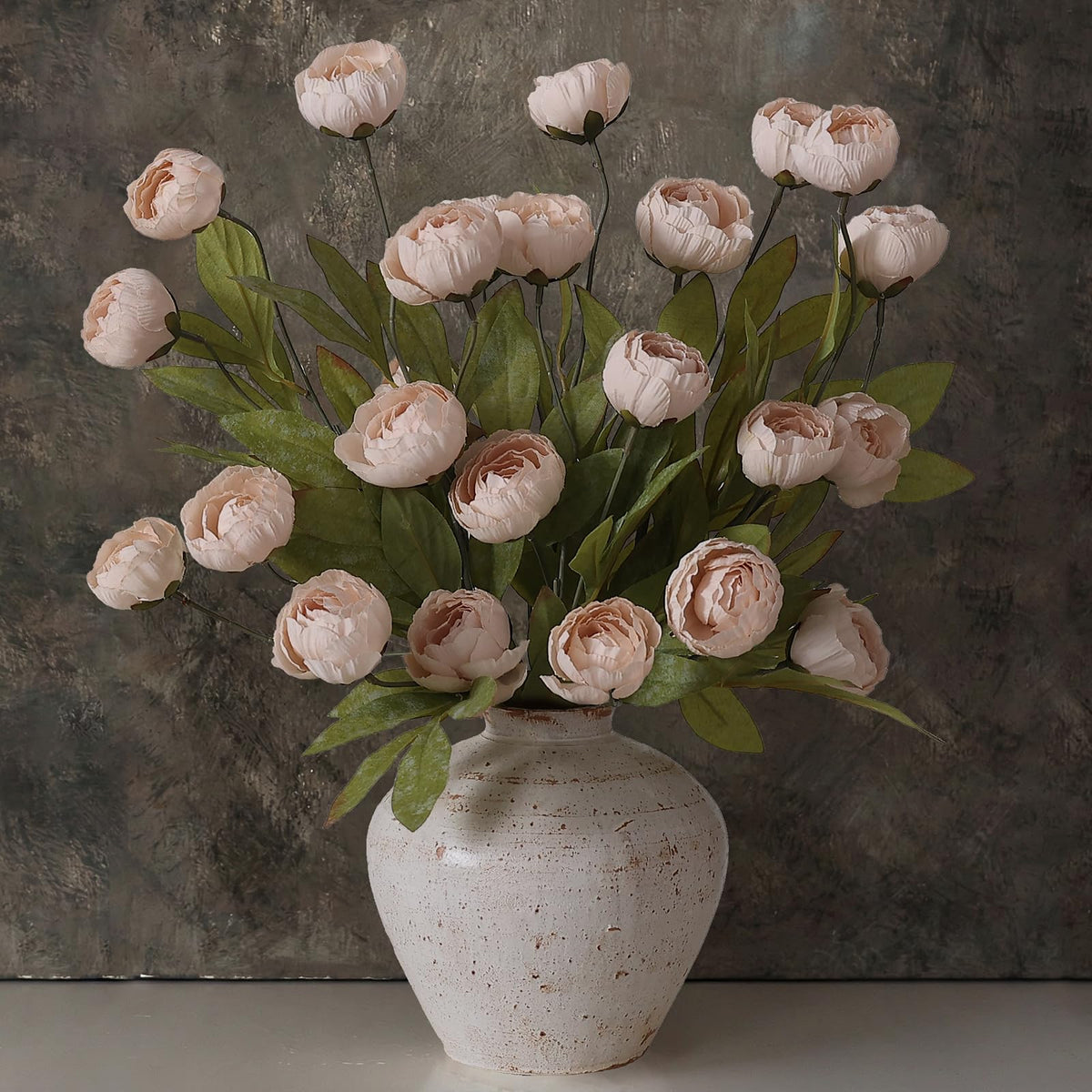 VIERENA front view of 12 beige peony stems, shows full set and packaging benefit