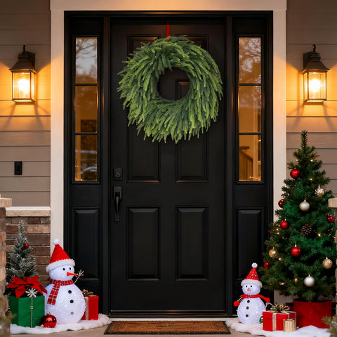 VIERENA wreath on a door demonstrating scale and ideal sizing benefit