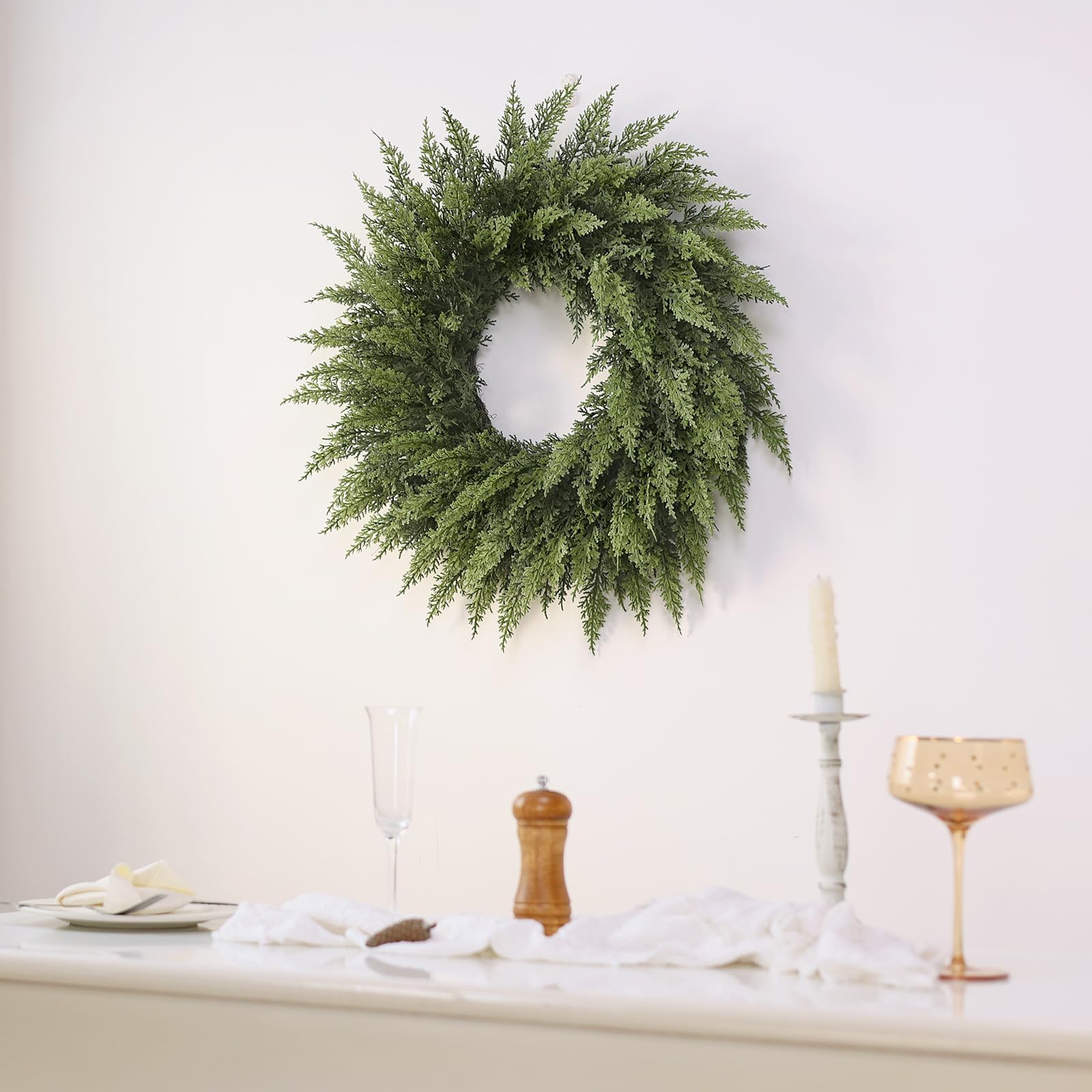 VIERENA freshly unpacked wreath with branches fluffed to show easy setup