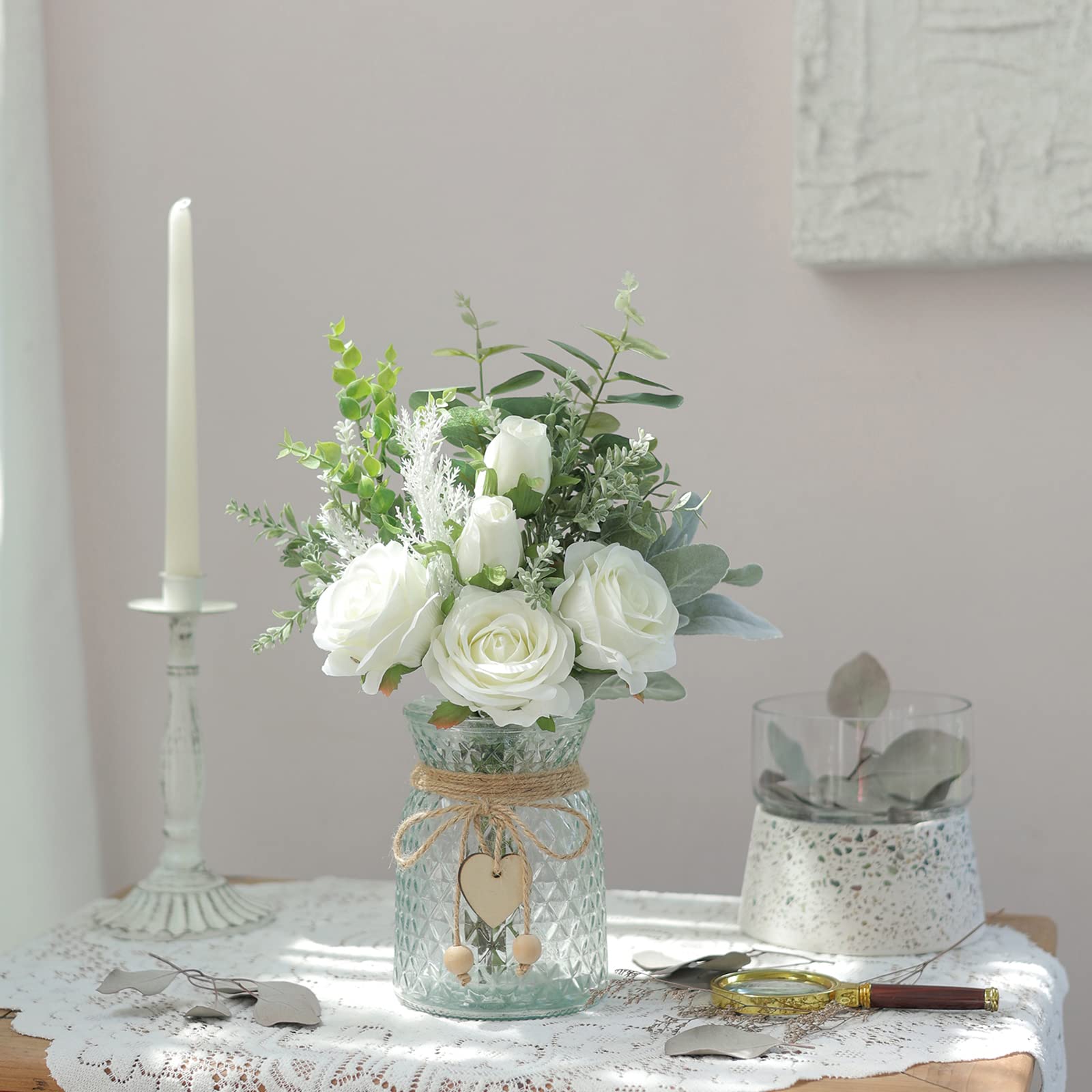 VIERENA glass vase with heart and globe pendants showing rustic charm