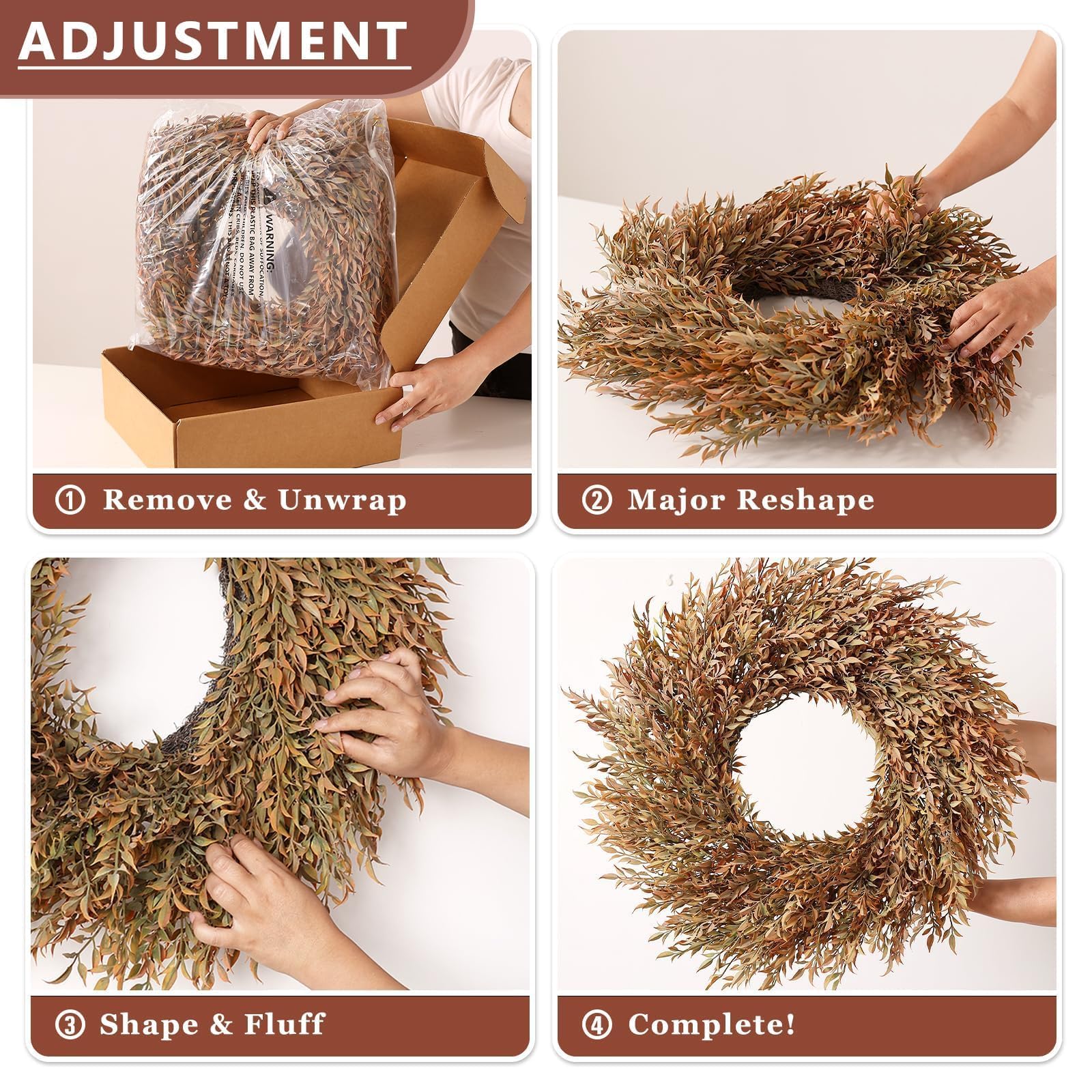 VIERENA wreath hung on a wooden door adding seasonal charm