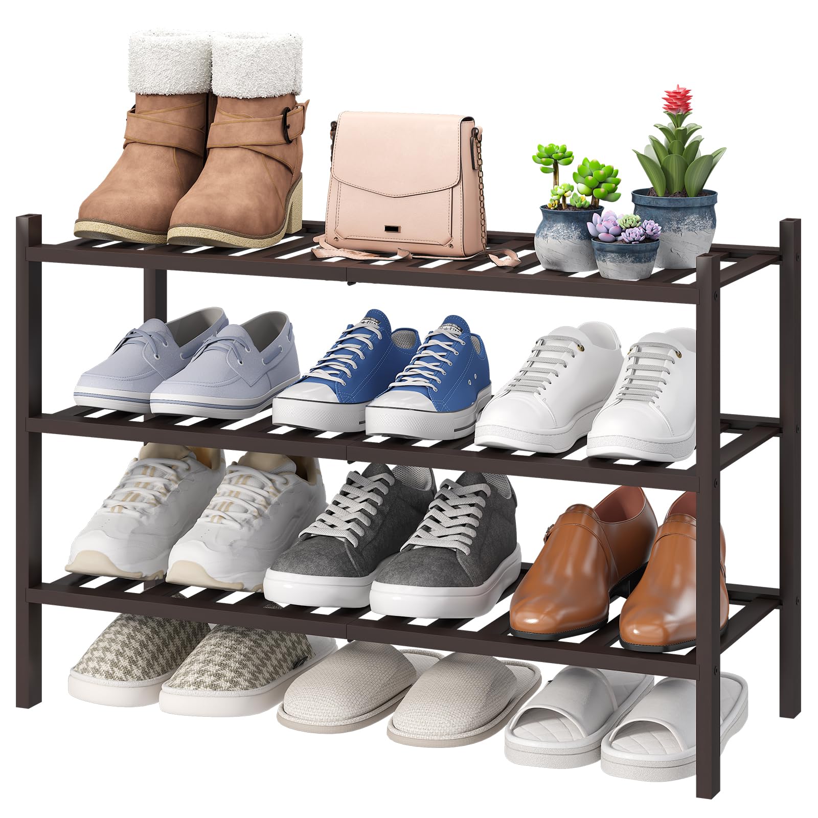 viewcare front view of 3-tier bamboo shoe rack showing organized shoes and natural finish