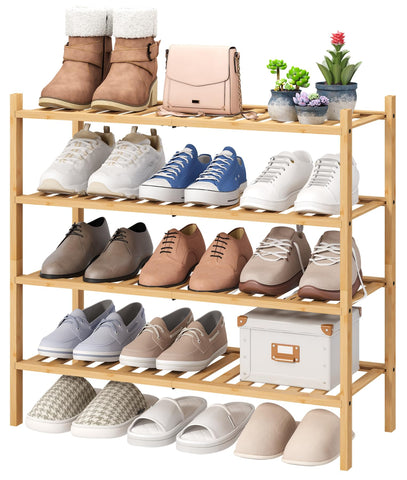 viewcare bamboo shoe rack front view shows tidy storage and natural look
