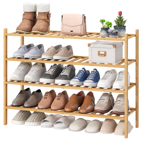 viewcare front view of bamboo shoe rack showing neat shoe storage benefit